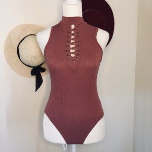 F21 Deep Mauve Pink Sleeveless Ribbed Bodysuit